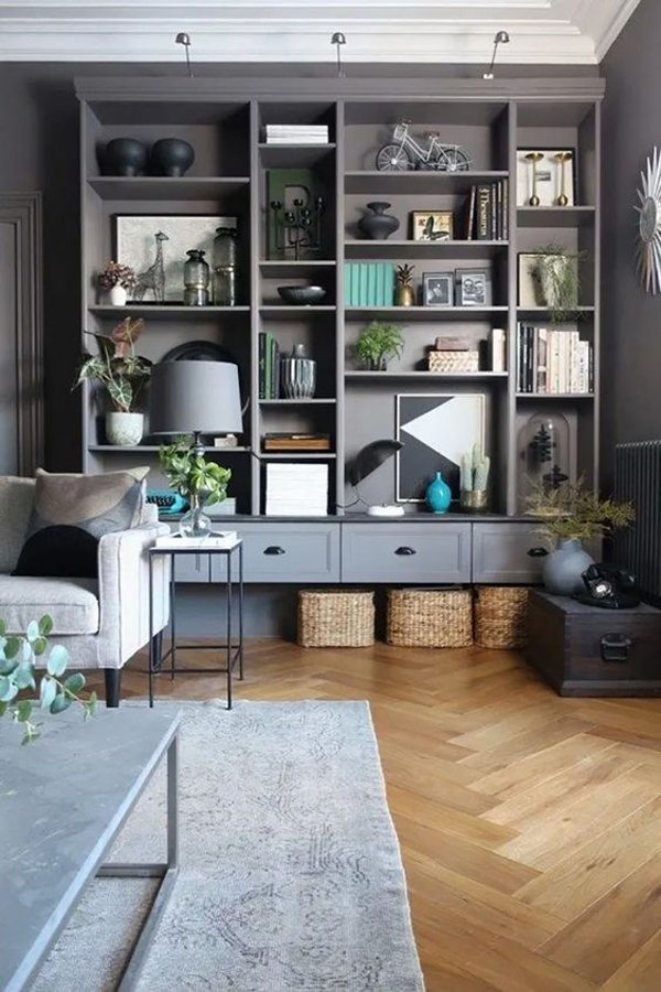 grey-ikea-billy-bookcase-wall-display