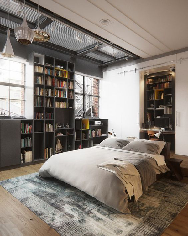 loft-industrial-bedroom-design-with-home-library