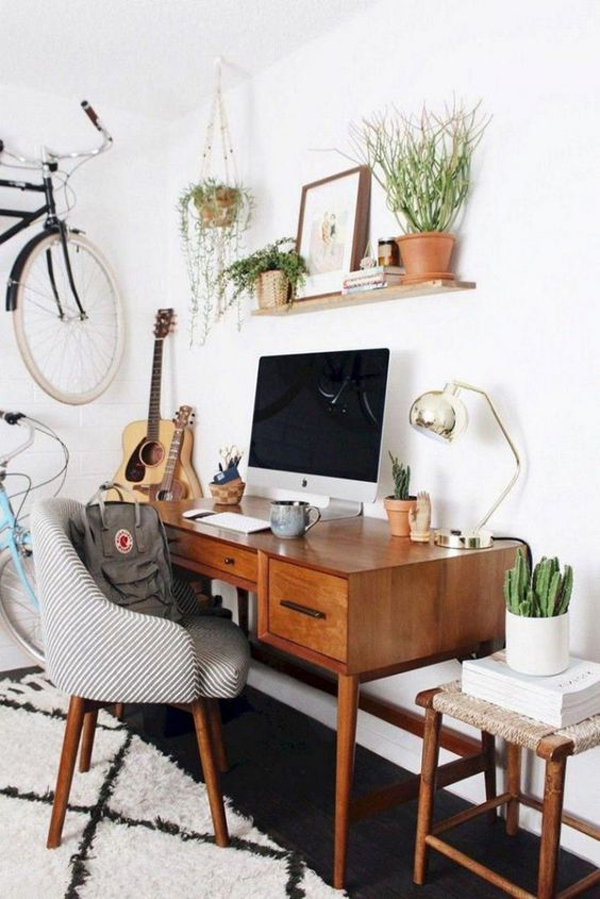 mid-century-home-office-design-with-guitar-stand