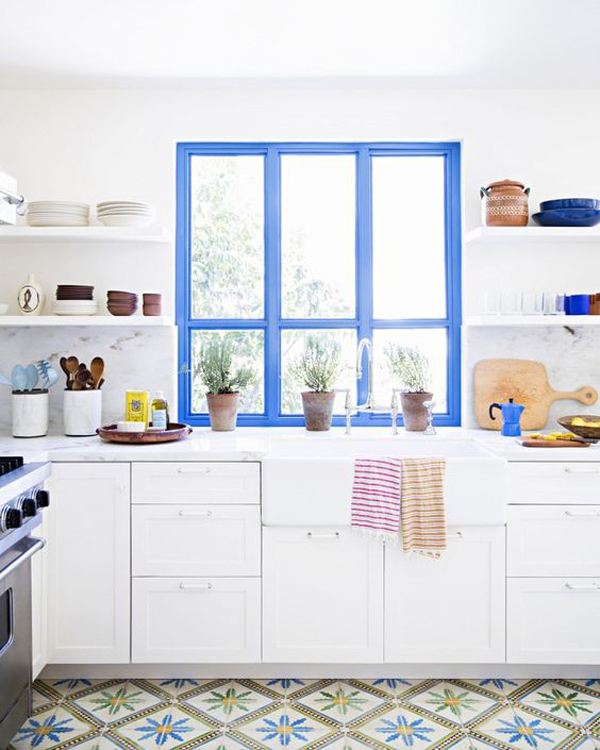 minimalist-white-kitchen-with-blue-window-frames