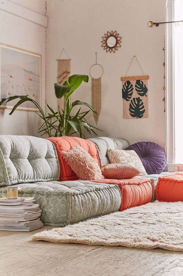 bohemian-living-room-design-with-floor-sofas-and-planters