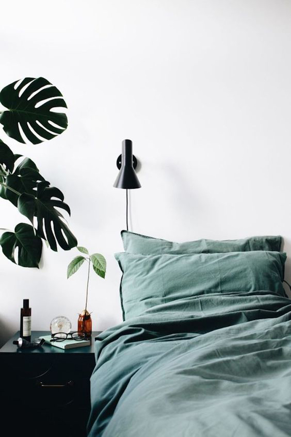 minimalist-men-bedroom-lamp-wall-with-indoor-plants