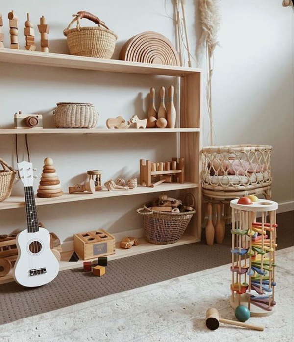 bohemian-kids-playroom-with-wooden-toys-rack