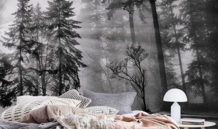 boho-bedroom-with-forest-light-wall-mural