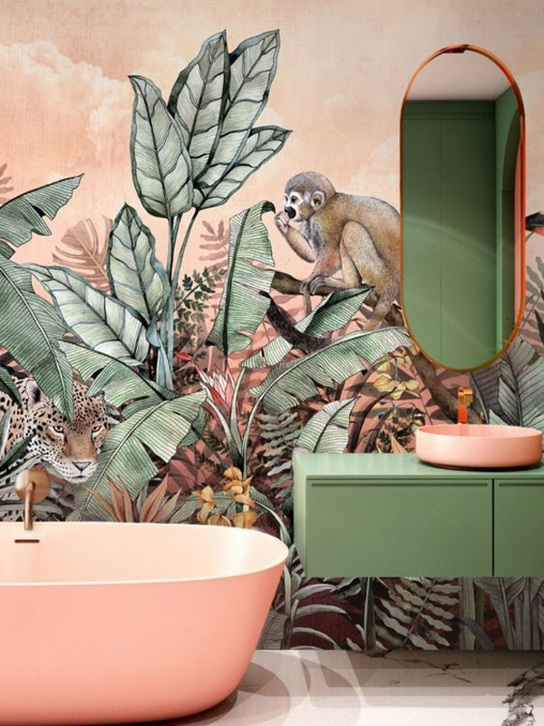 tropical-bathroom-wallpaper-with-pink-bathtub