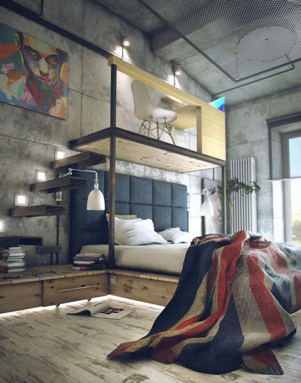 cool-industrial-bedroom-with-mezanine-floor
