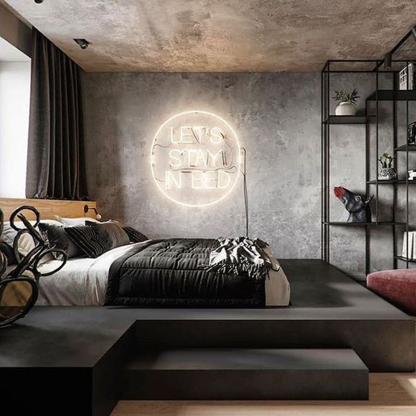 cool-men-bedroom-neon-signs-with-concrete-wall