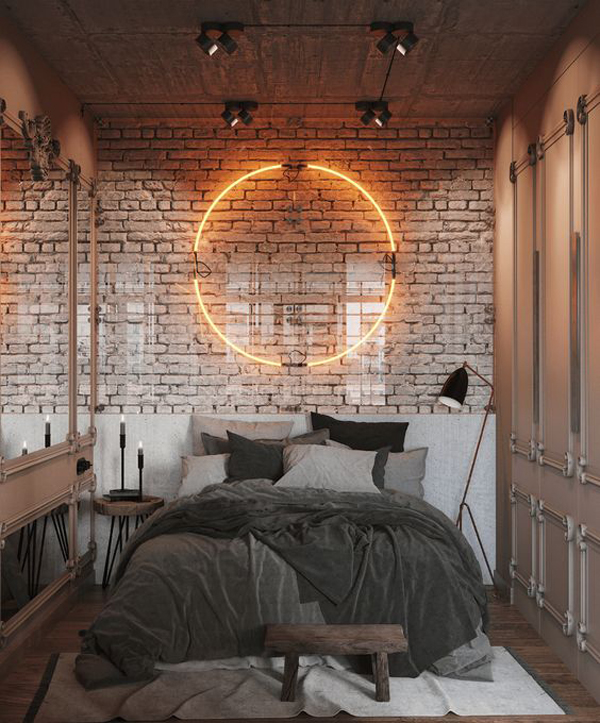 industrial-bedroom-with-round-neon-lights