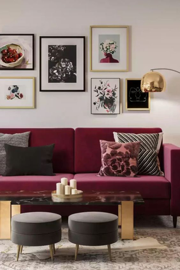 mid-century-living-room-design-with-magenta-sofas