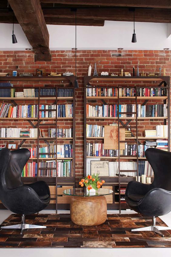masculine-home-library-design-with-exposed-brick