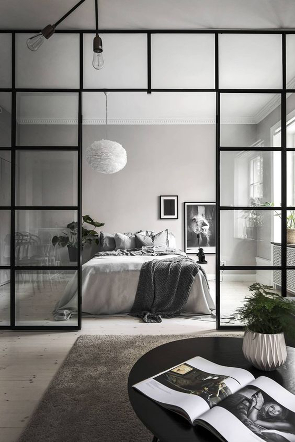 trendy-bedroom-apartment-with-framed-glass-dividers