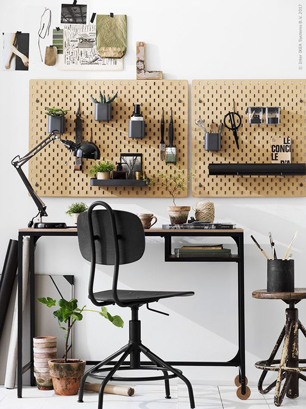 cool-black-home-office-with-pegboard-walls