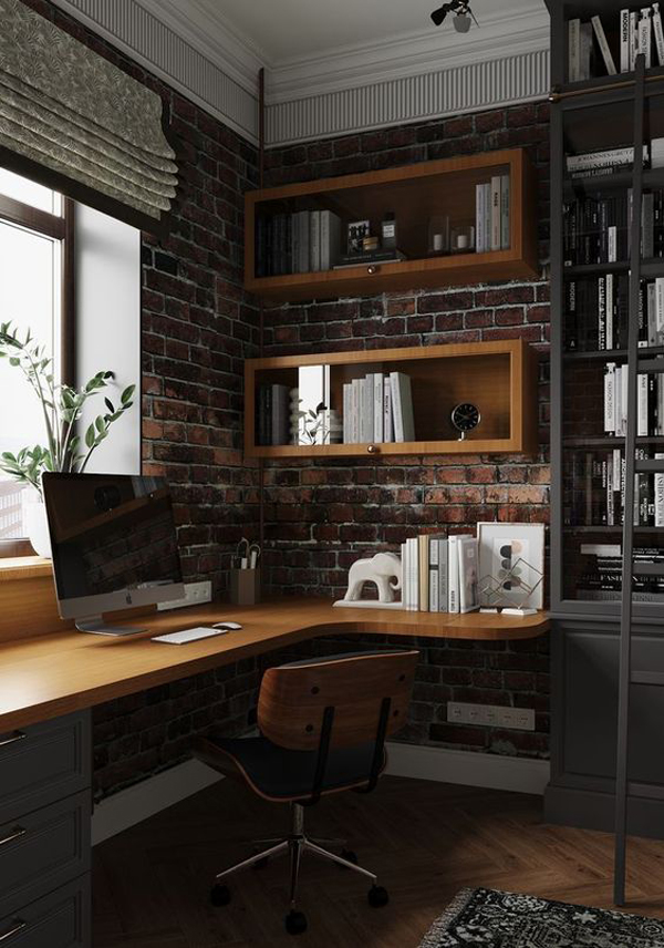 men-home-office-with-exposed-brick-and-wooden-shelf