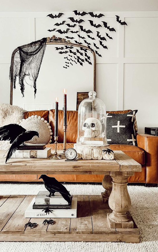 minimalist-halloween-living-rooms-with-large-mirror-and-bats