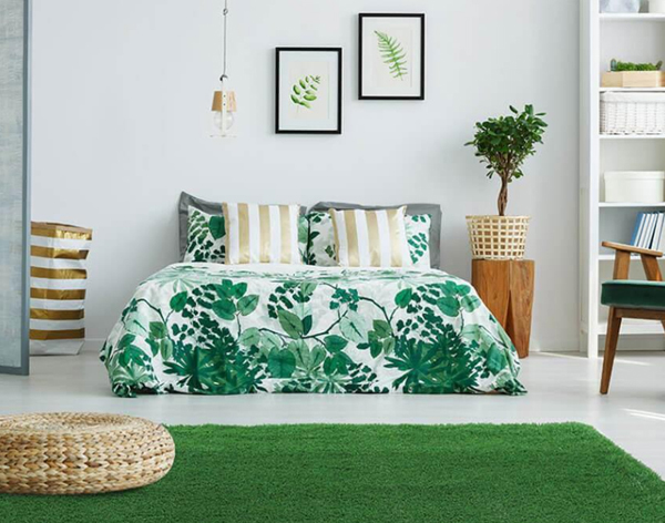 tropical-style-bedroom-with-artificial-grass-rugs
