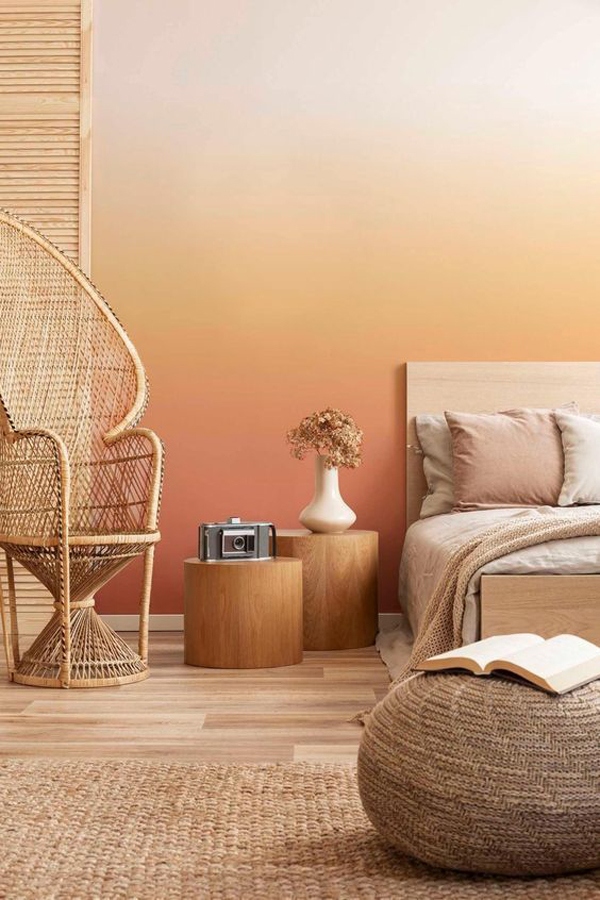 cheerful-gradient-bedroom-wall-paint-with-rattan-furniture