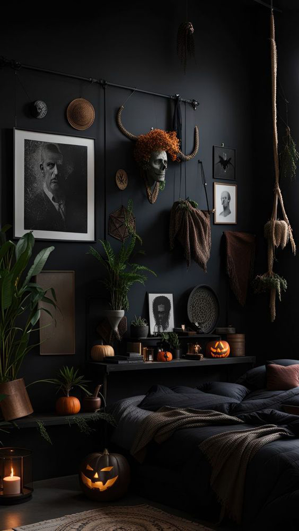 ghostly-dark-halloween-bedroom-with-photo-frame-wall