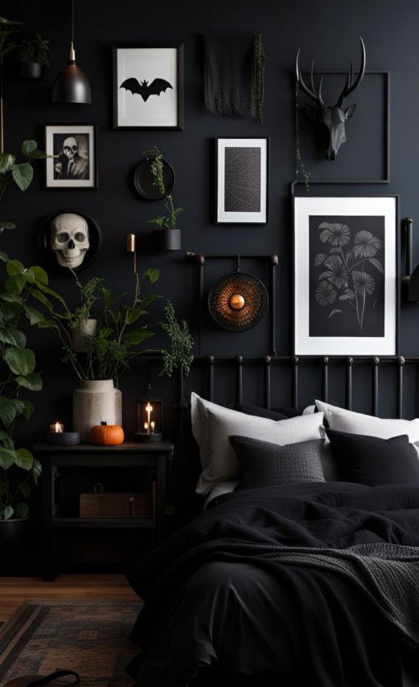 minimalist-dark-halloween-bedroom-with-indoor-plants