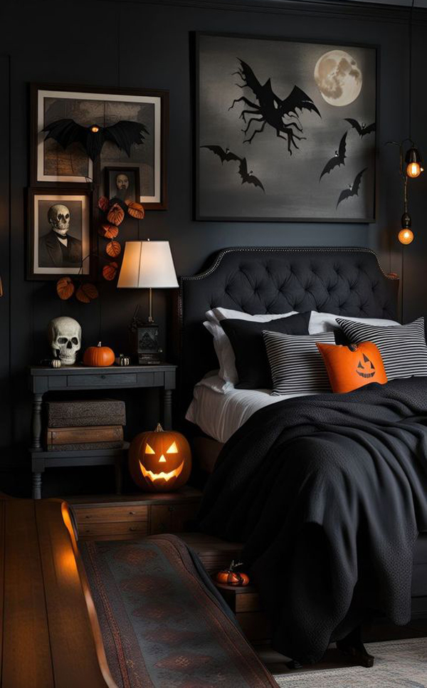 spooktacular-black-halloween-bedroom-decor-with-pumpkin-light