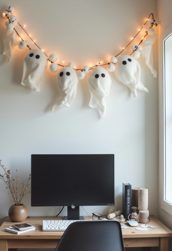 simple halloween home office with ghost banner simple halloween home office with ghost banner